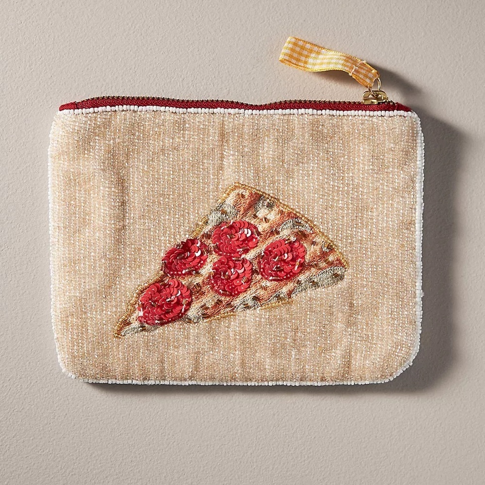 Anthropologie Beaded Taxi Pizza New York Pouch New Striped Taxi Beaded Pouch - Picture 2 of 9
